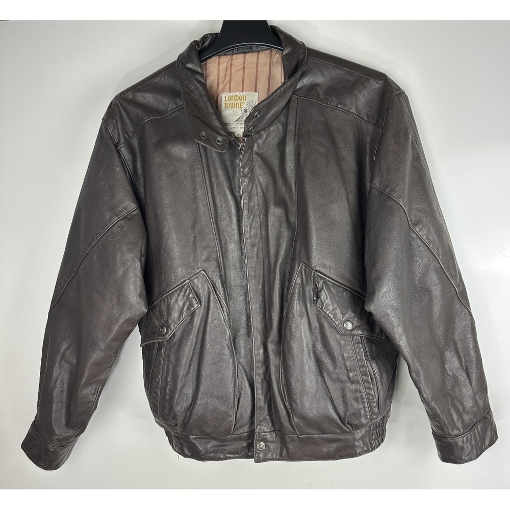 Vtg London Towne Leather Jacket Men's Large Brown Bomber Distressed 90s Style - Picture 16 of 16
